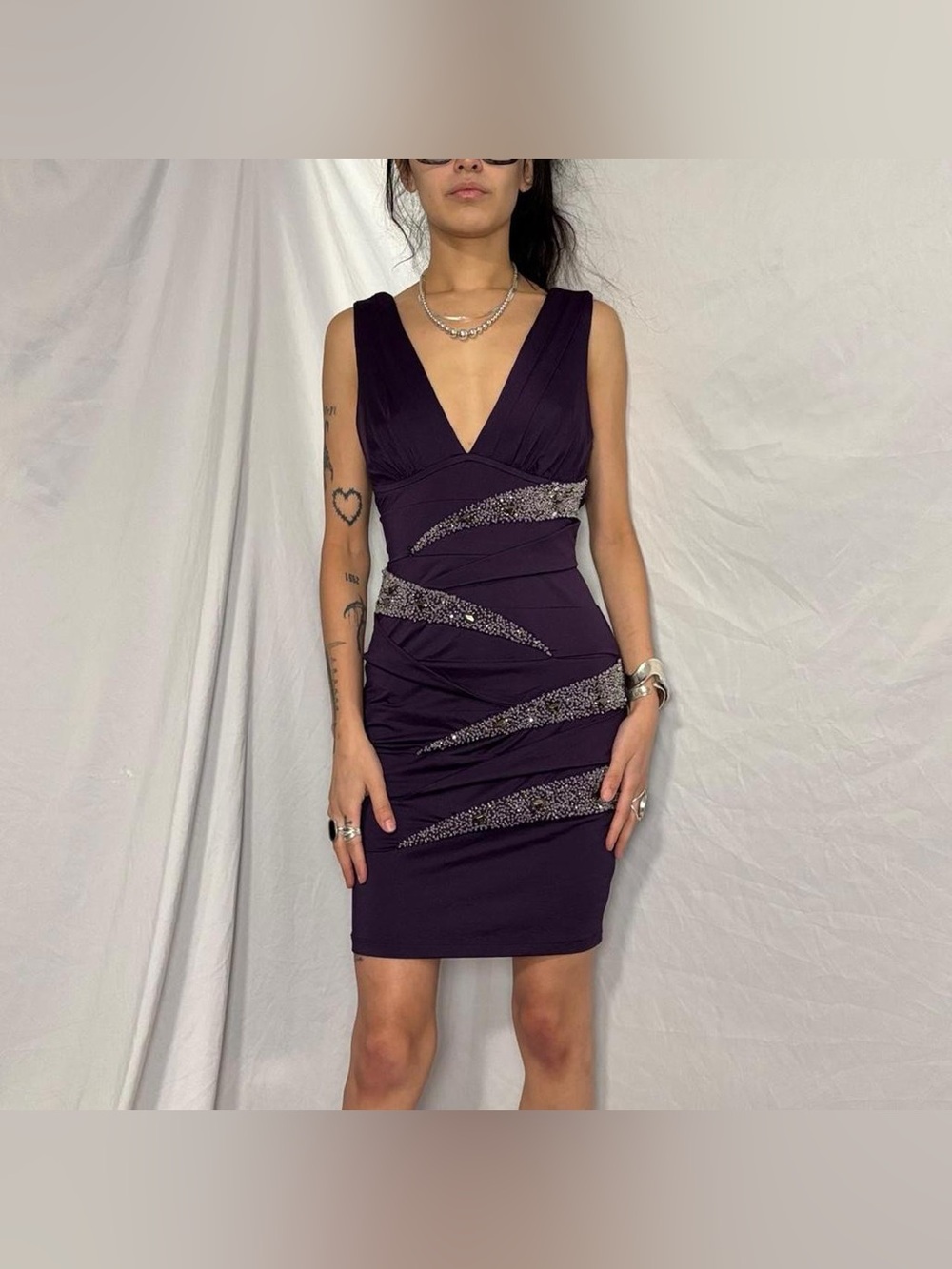 NIKIBIKI Purple Satin Bandage Dress W Silver Beaded Panels - Picture 8 of 8